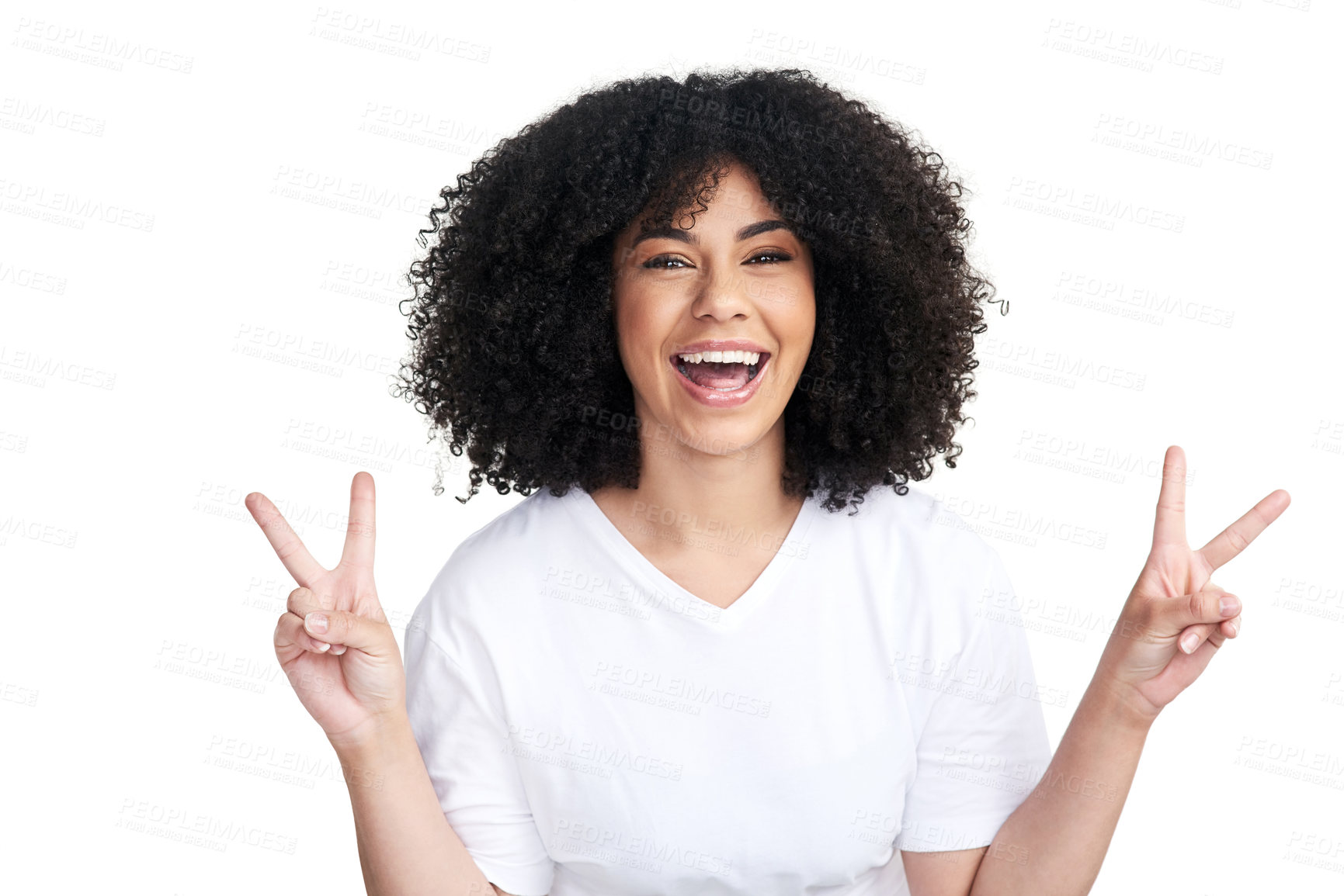 Buy stock photo Studio shot of an attractive young woman making a peace gesture against a white background