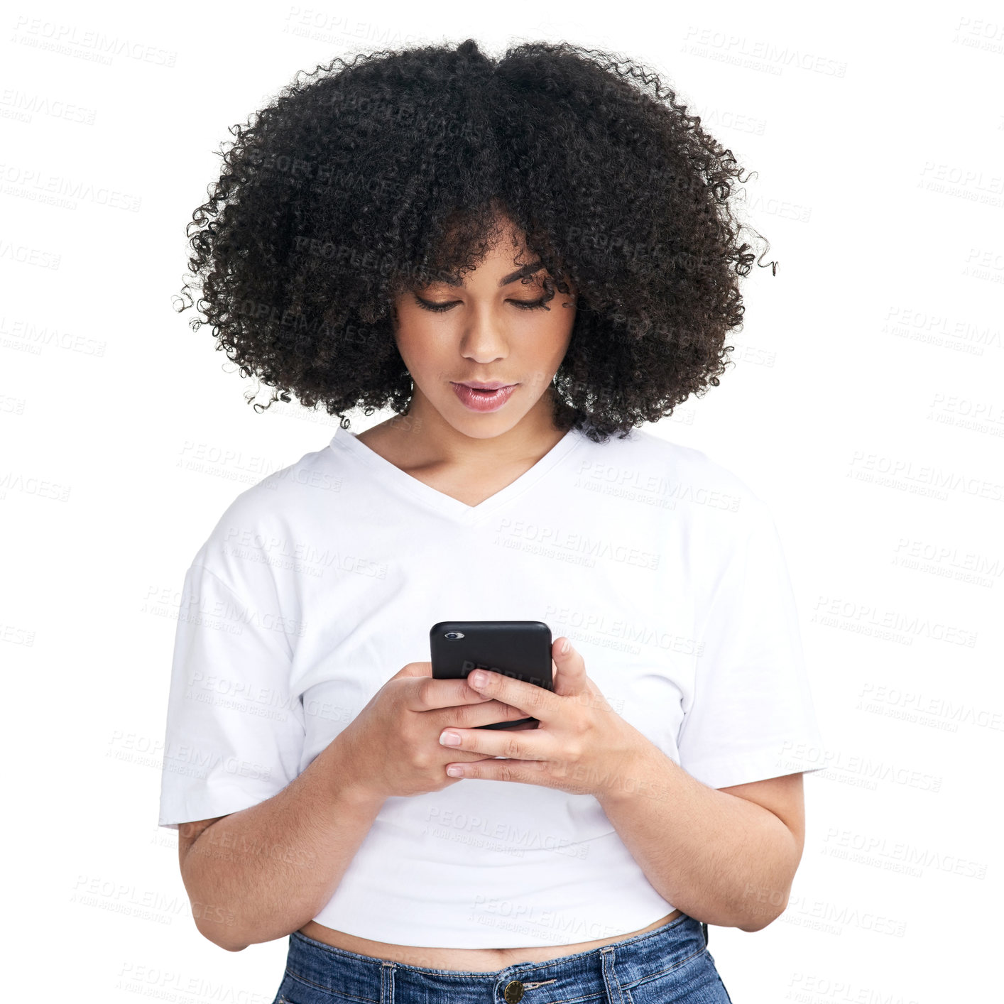 Buy stock photo Studio shot of an attractive young woman using a smartphone against a white background