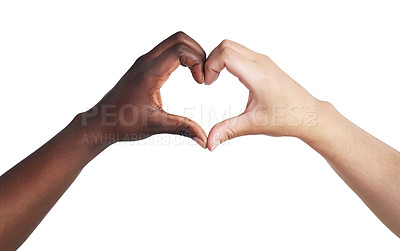 Buy stock photo Studio shot of two unrecognisable women joining their hands to make a heart shape against a white background
