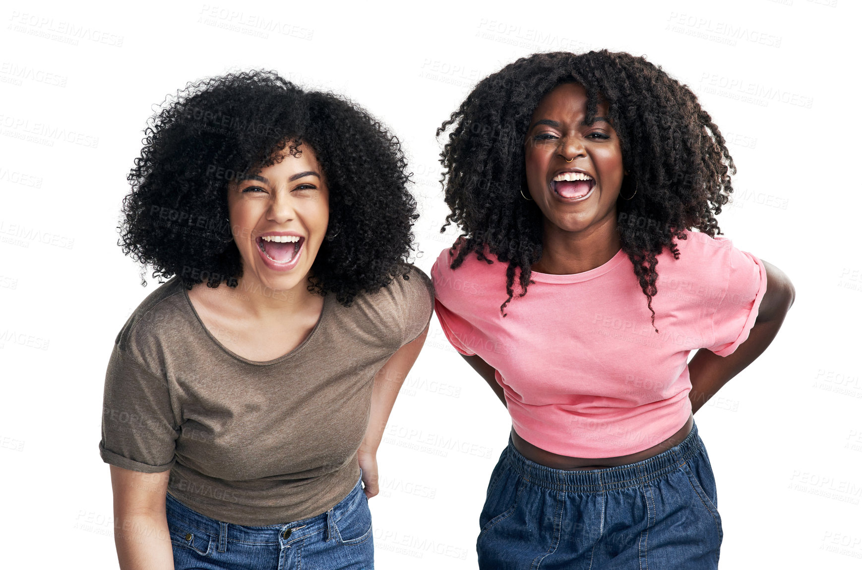 Buy stock photo Studio shot of two young women laughing against a white background
