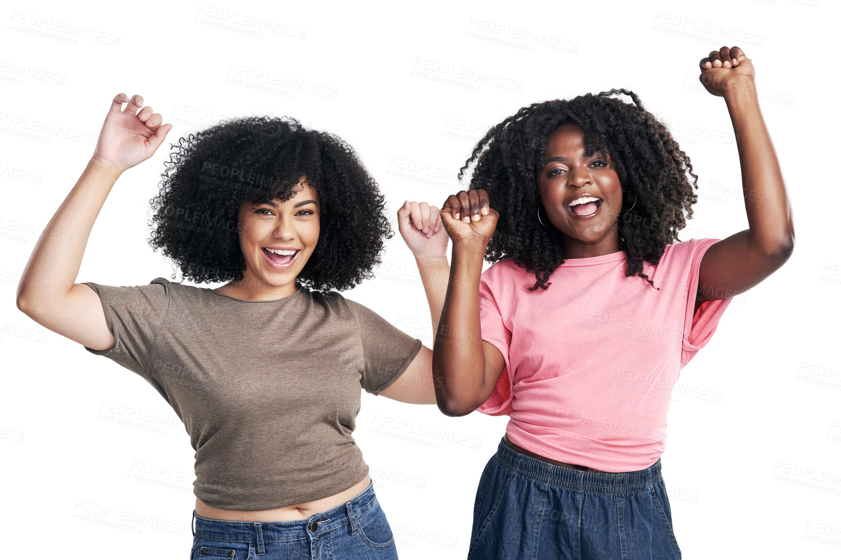 Buy stock photo Studio shot of two young women cheering against a white background