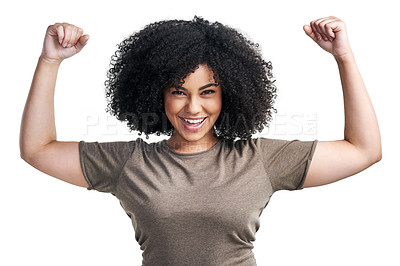 Buy stock photo Studio shot of young woman flexing her biceps against a white background