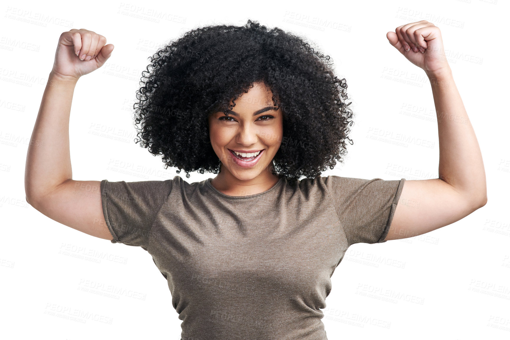 Buy stock photo Studio shot of young woman flexing her biceps against a white background