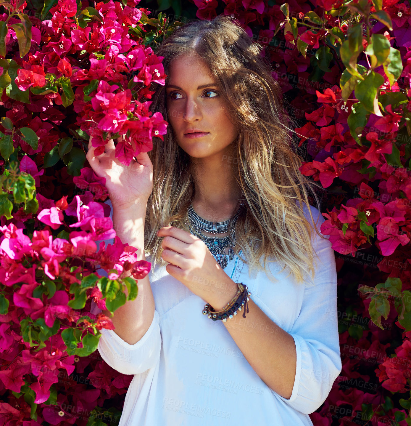 Buy stock photo Shot of an attractive young woman standing under a tree with beautiful pink flowers