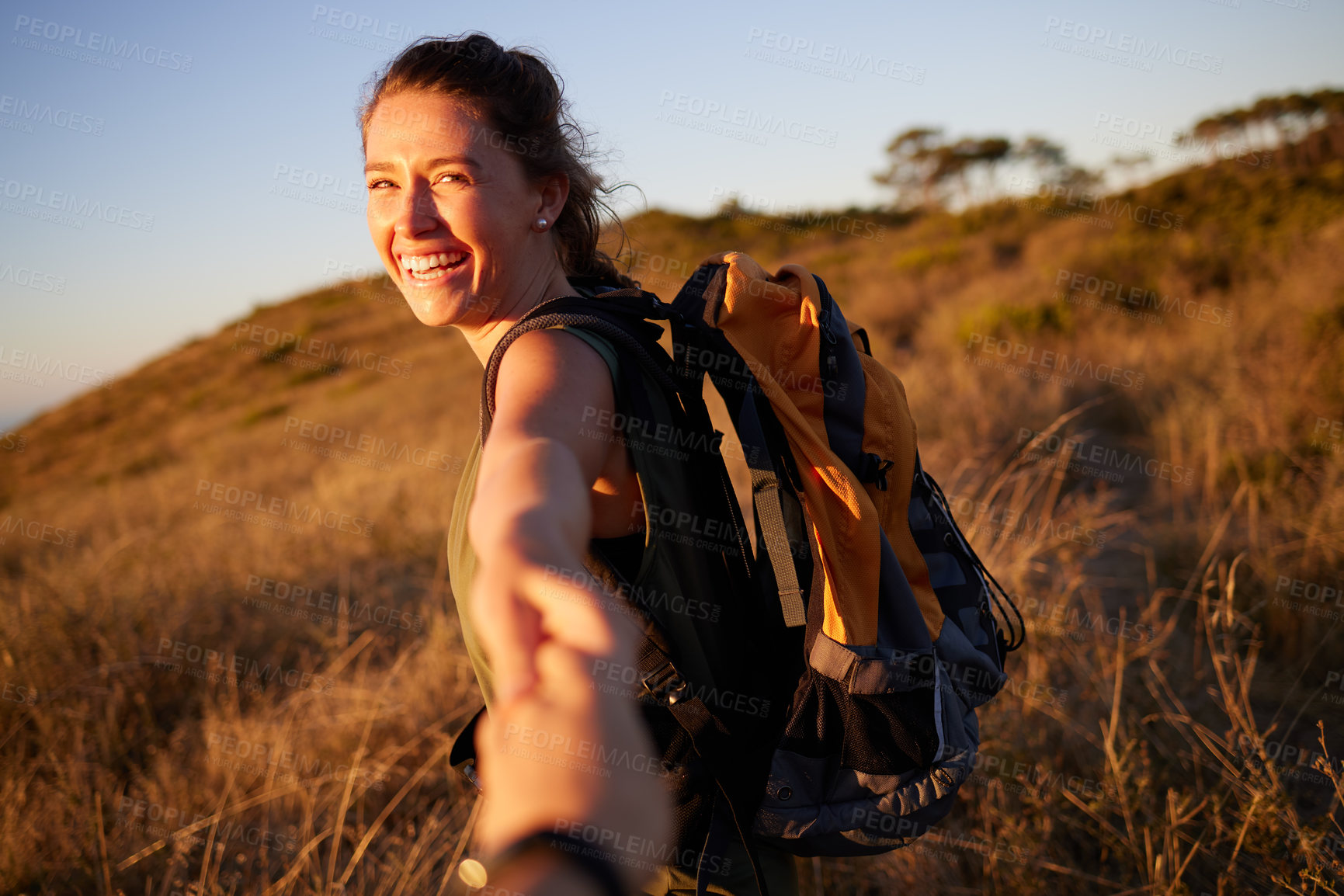 Buy stock photo Happy, woman with POV and couple hiking, travel and tourism with exploring nature together for honeymoon. Romantic getaway, exercise for bonding and people on adventure, trekking and holding hands