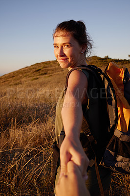 Buy stock photo Smile, woman with POV and couple hiking, travel and tourism with exploring nature together for honeymoon. Romantic getaway, exercise for bonding and people on adventure, trekking and holding hands