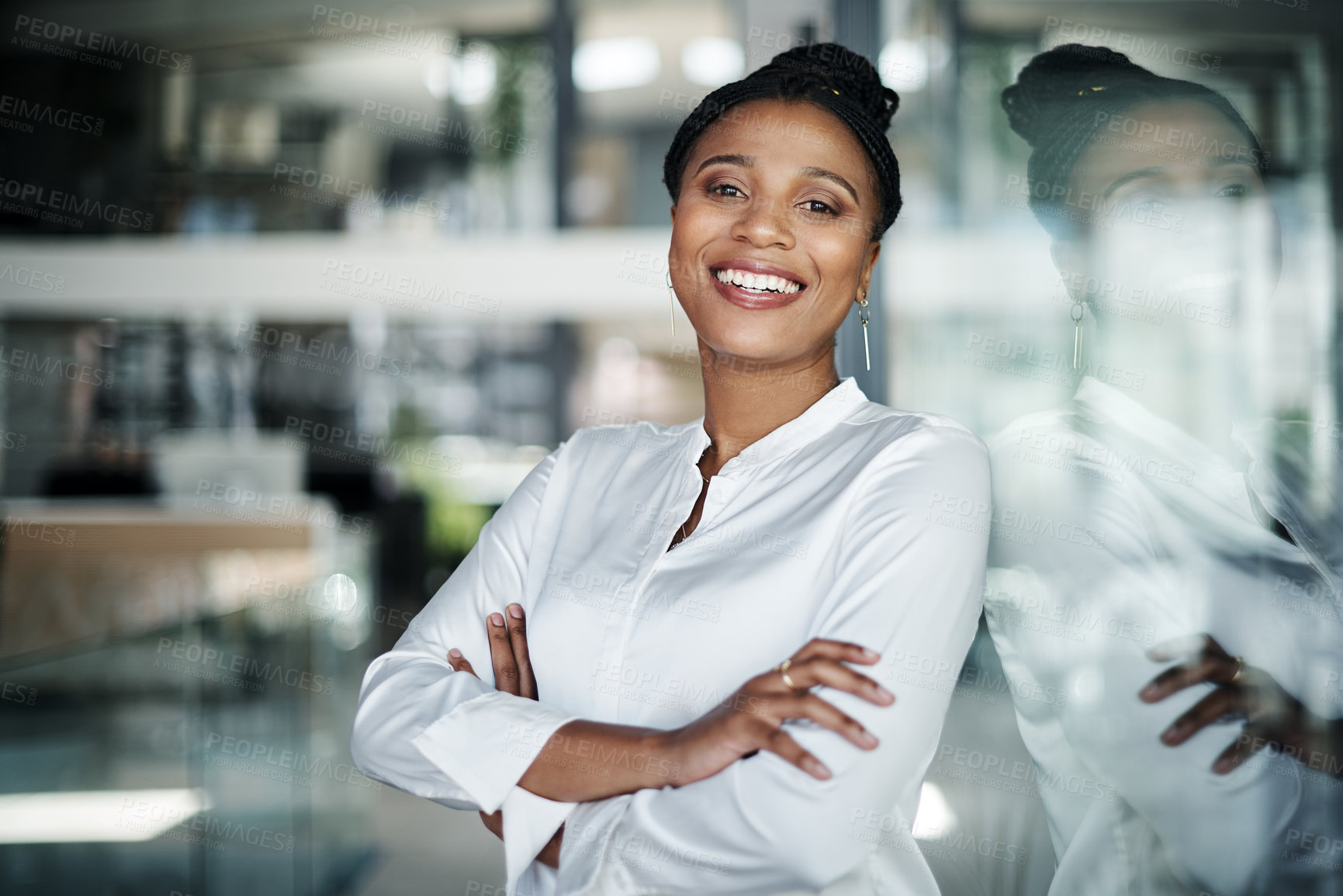 Buy stock photo Glass wall, portrait and business woman with confidence for professional career, job goals and pride. Office, black person or attorney with arms crossed for corporate, project and smile in law firm