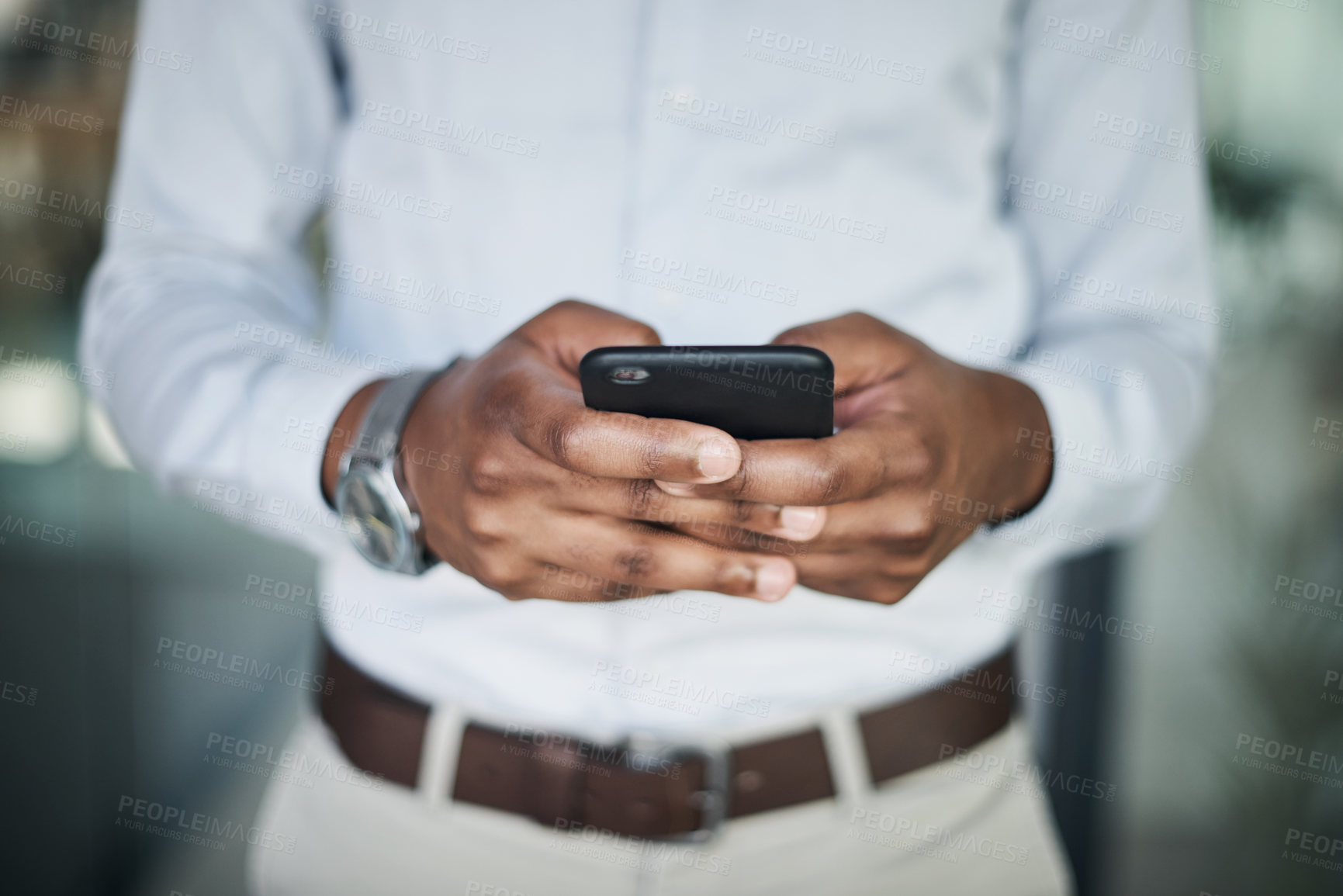 Buy stock photo Business, hands and man with smartphone, typing and connection with social media, message and network. Closeup, person and entrepreneur with cellphone, mobile user and contact with internet or text