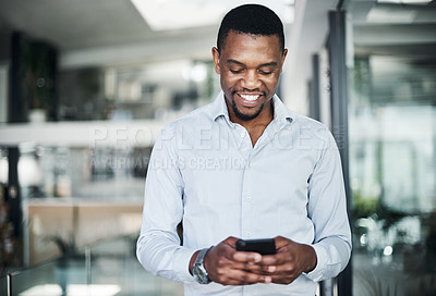 Buy stock photo Black man, phone and happy in office for communication, investment and business email with coffee. Human resources, technology and smile for recruitment, social networking and talent acquisition