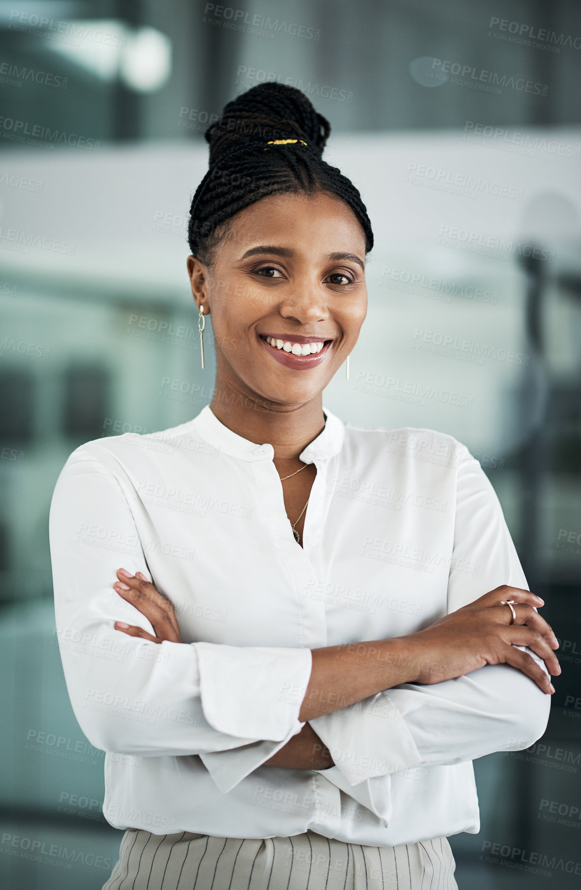 Buy stock photo Office, portrait and black woman with arms crossed for professional career, job goals and pride. Business, female person or attorney with confidence for corporate, project and smile in law firm