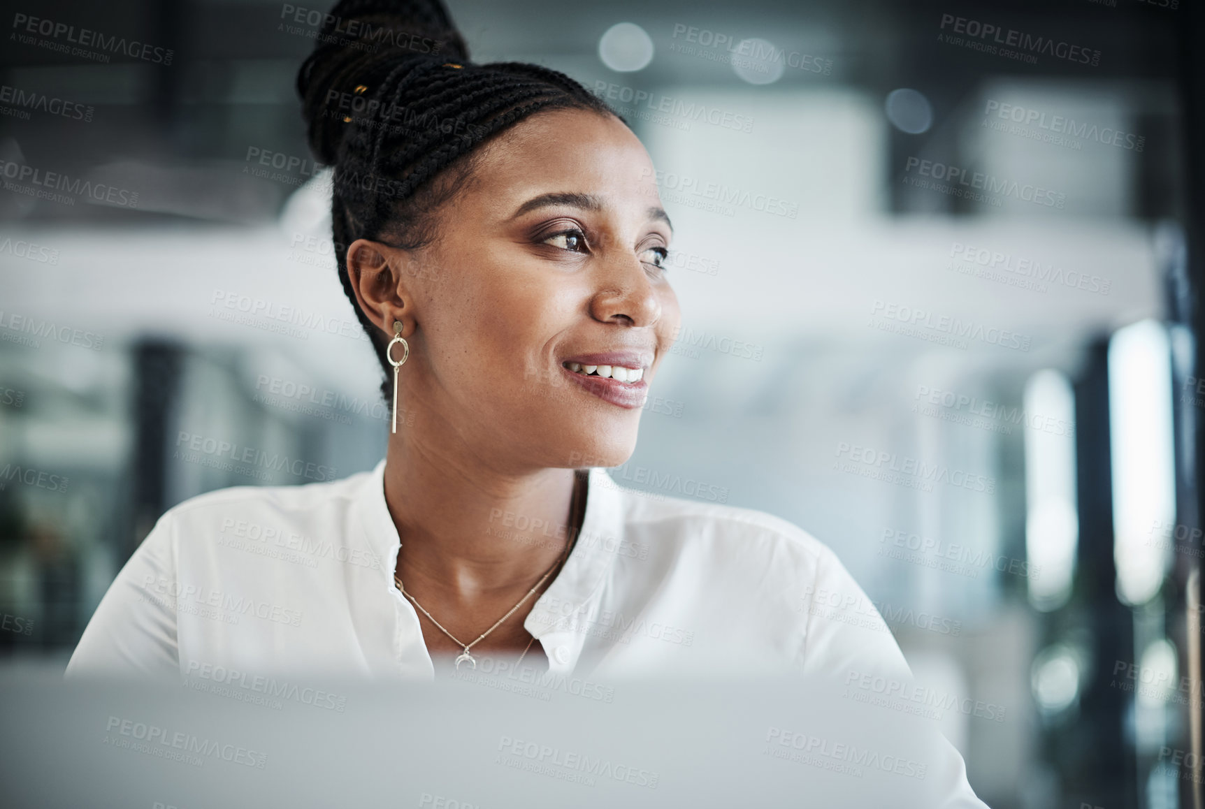 Buy stock photo Thinking, laptop and black woman in office with business solution, planning or problem solving. Smile, computer and African female entrepreneur brainstorming for company growth with ideas for project