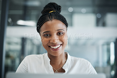 Buy stock photo Happy black woman, portrait and business with laptop for career in administration at office. Young African, female person or secretary with smile for online service or content creation at workplace