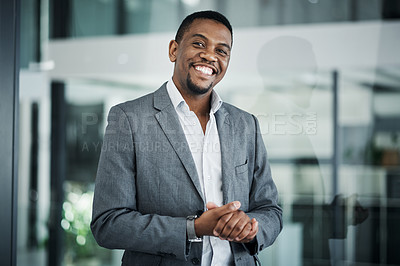 Buy stock photo Smile, business and portrait of black man in office with confidence for financial career. Happy, finance and African underwriter with pride for company investment risk evaluation in workplace.