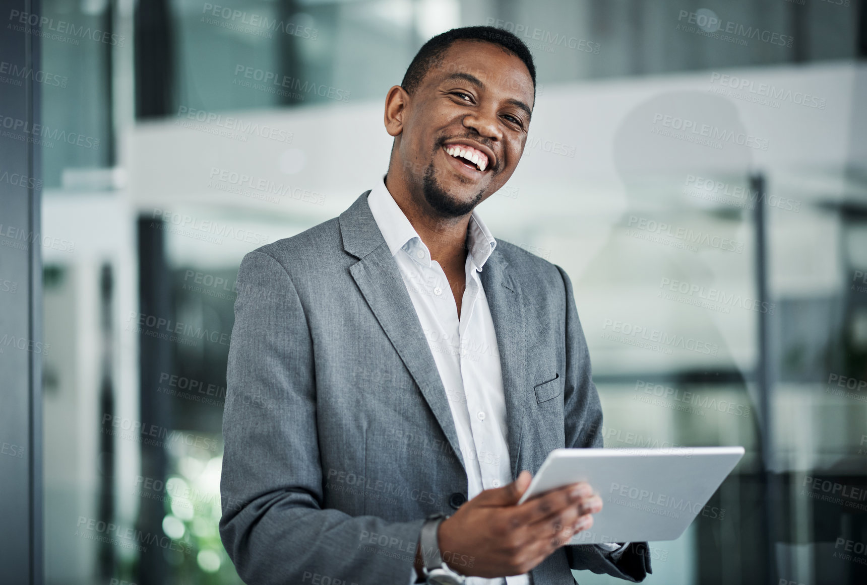 Buy stock photo Businessman, smile and portrait with tablet in office for investment, research or online finance news. Financial advisor, happy and tech by window for stocks report, email or update on company equity