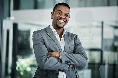 Buy stock photo Smile, crossed arms and portrait of black man in office with confidence for financial career. Happy, finance and African underwriter with pride for company investment risk evaluation in workplace.