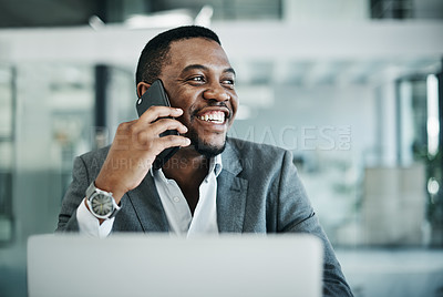 Buy stock photo Black man, phone call and laptop for consulting in office, digital notes and calendar app for schedule. Male person, talking and contact business client for negotiation on deal, online and discuss