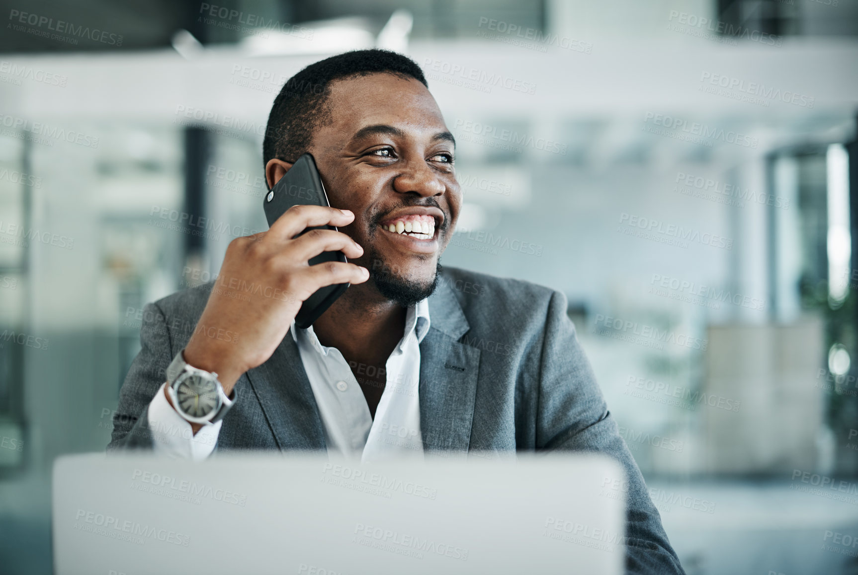 Buy stock photo Black man, phone call and laptop for consulting in office, digital notes and calendar app for schedule. Male person, talking and contact business client for negotiation on deal, online and discuss