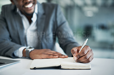 Buy stock photo Man, hands and notebook for planning in office, strategy research and writing notes for tasks. Male person, receptionist and planner to schedule agenda, journal and reminder to email client at desk