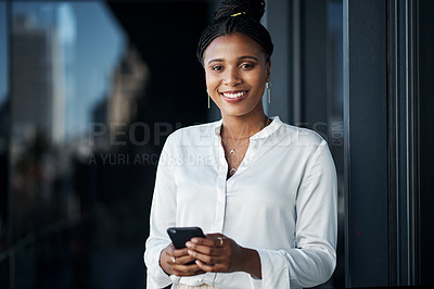 Buy stock photo Black woman, smile and portrait with phone at office for investment, research or online finance news. Financial advisor, happy and tech by window for equity report, email and update on company stocks