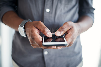 Buy stock photo Employee, hands and man with smartphone, typing and connection with social media, internet and network. Closeup, person and consultant with cellphone, digital app and contact with message or email