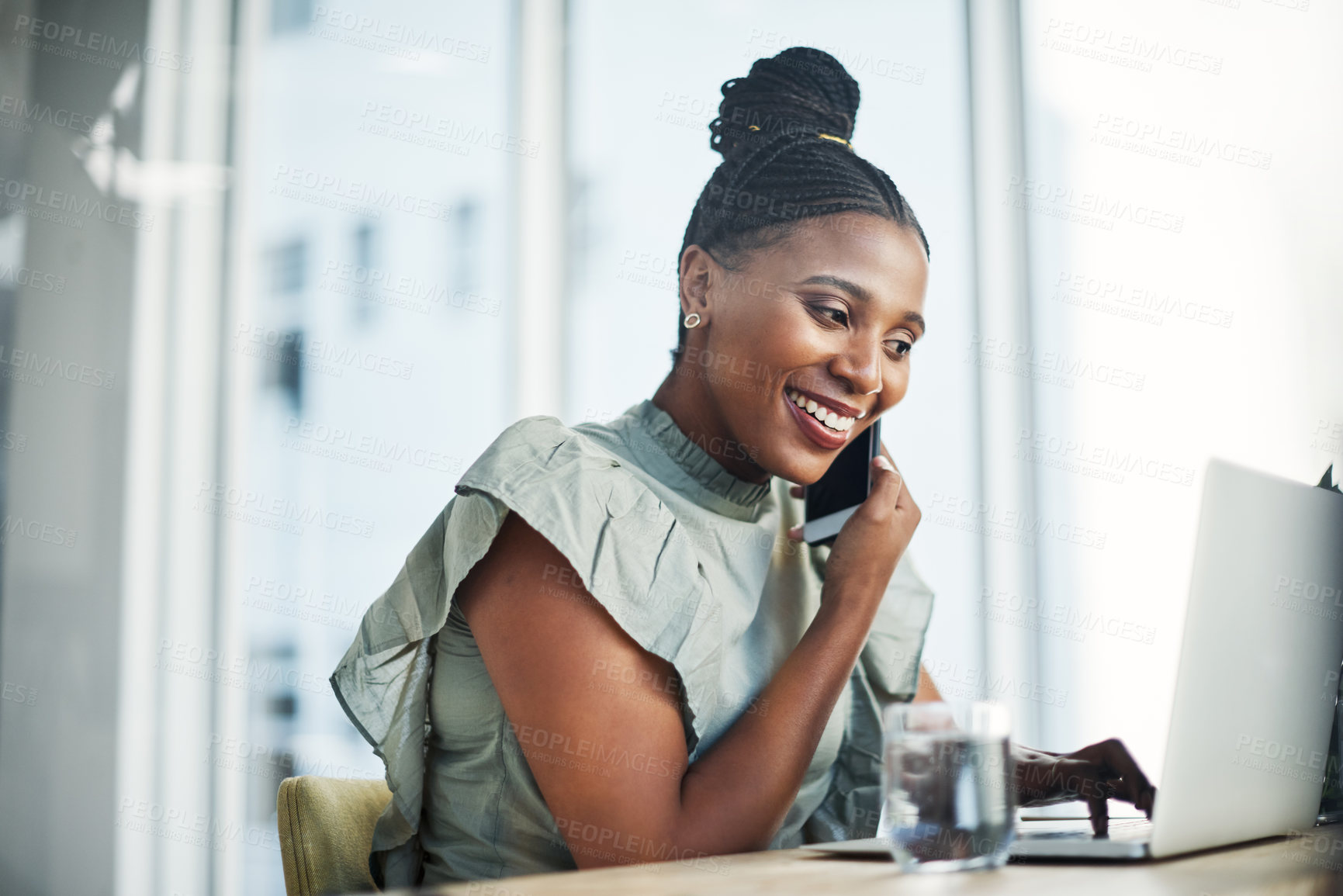 Buy stock photo Office, laptop and black woman in mobile call with contact, networking and confirm date for meeting. Listening, receptionist and talking on phone for scheduling, planning and business appointments