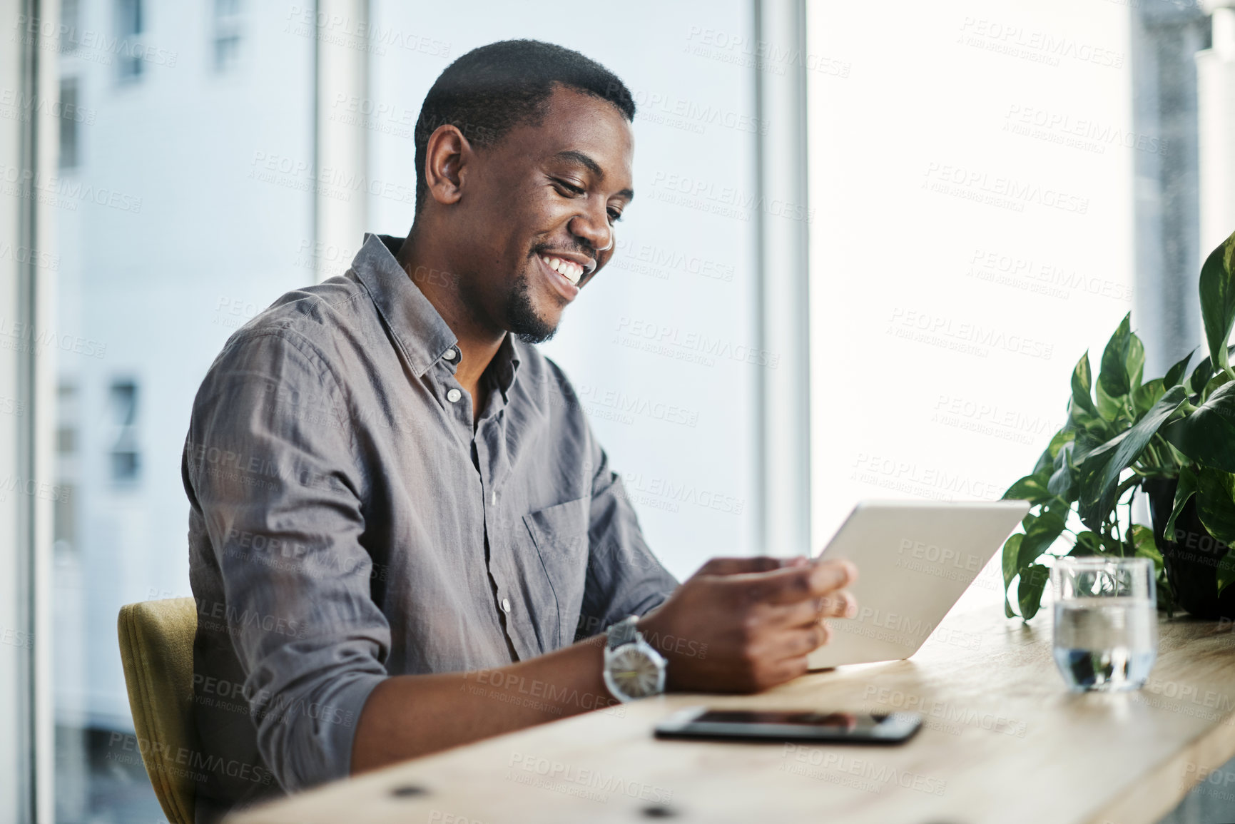 Buy stock photo Black man, tablet and smile in office for professional career, good news and business opportunity. Graphic designer, happy and tech with wireframe for ux design, social media and infographic on web