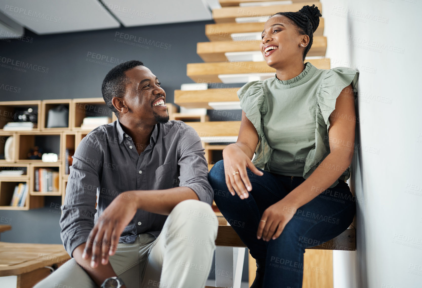 Buy stock photo Conversation, laughing and staircase with business people in office together for meeting or planning. Break, collaboration and funny with employee friends talking in workplace for bonding or teamwork