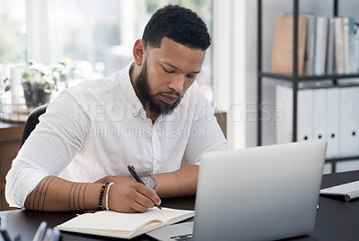 Buy stock photo Focus, writing notes and black businessman on laptop working in modern office or male manager or expert and planning. Management, corporate and professional on pc at workplace for market research 