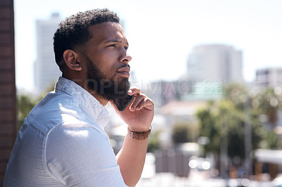 Buy stock photo Serious, black businessman and call on a cellphone in a city or standing outside talking or office overlooking on bokeh. Communication, face and corporate professional on mobile or conversation 