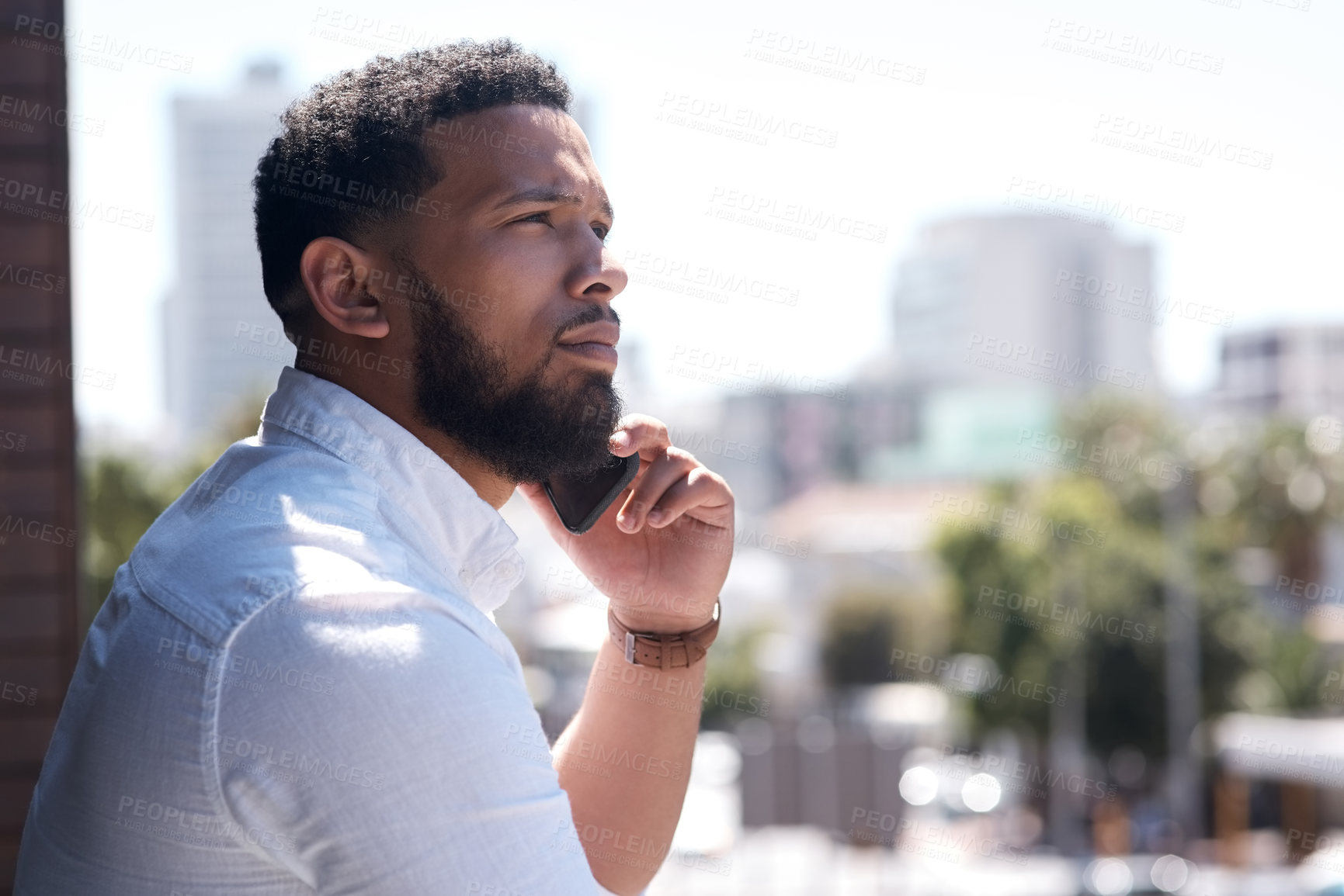 Buy stock photo Serious, black businessman and call on a cellphone in a city or standing outside talking or office overlooking on bokeh. Communication, face and corporate professional on mobile or conversation 