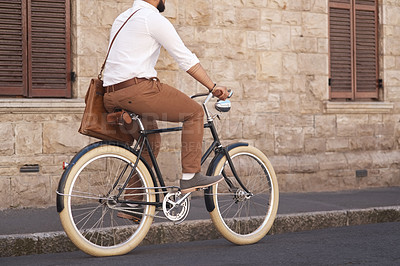 Buy stock photo Businessman, eco friendly and riding bicycle to work or corporate guy or commuter on urban street and in the morning. Traveling, male professional and carbon neutral bike to the office or transport  