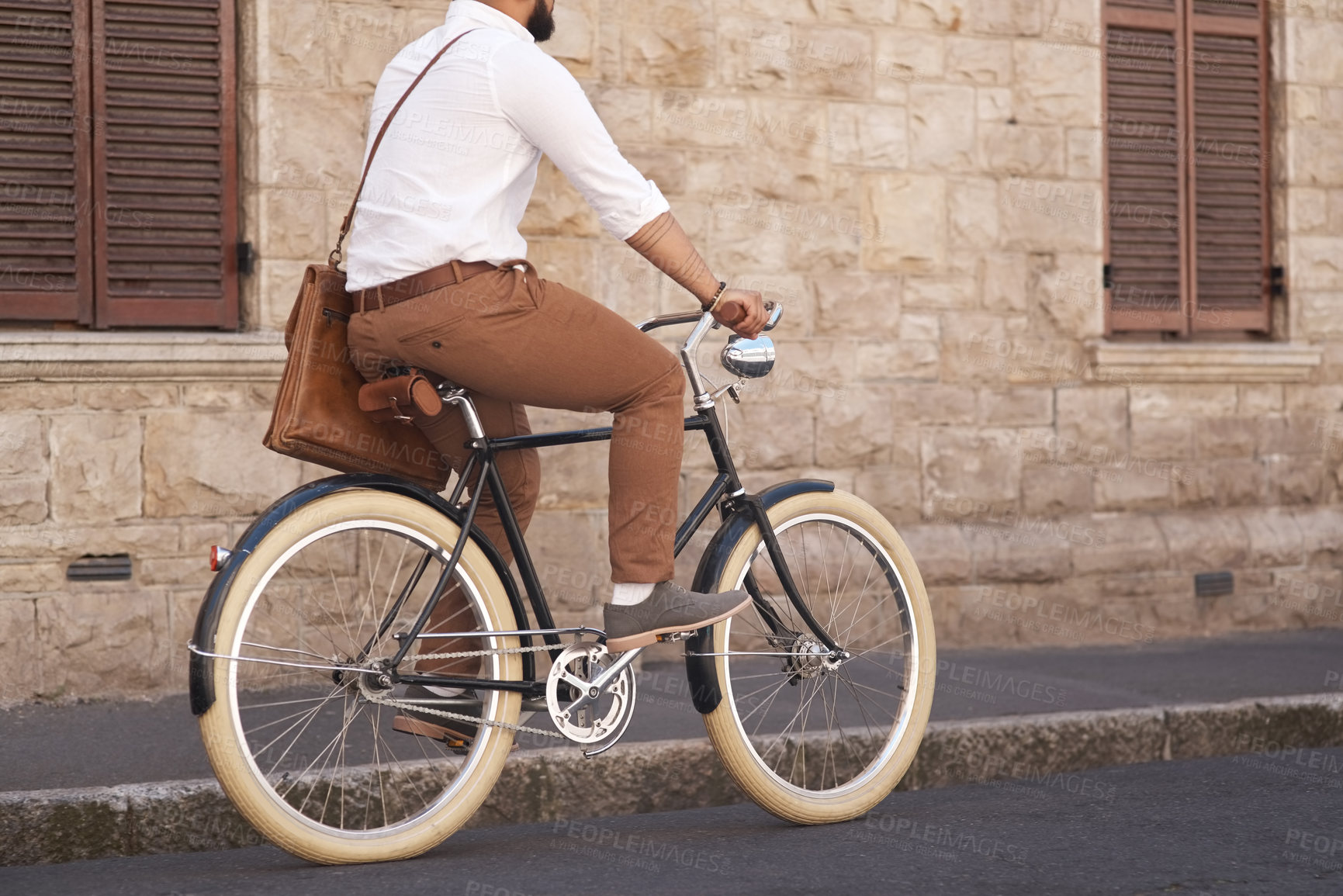 Buy stock photo Businessman, eco friendly and riding bicycle to work or corporate guy or commuter on urban street and in the morning. Traveling, male professional and carbon neutral bike to the office or transport  