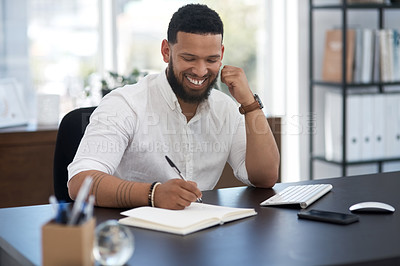 Buy stock photo Business, writing and man with a smile, startup and planning for growth, project and feedback in a modern office. Male person, employee and entrepreneur with a notebook, ideas and career with success