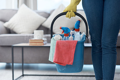 Buy stock photo Chores, product and hands with a bucket for cleaning, cleaner lifestyle and home routine. Housework, apartment and person holding equipment to clean a house for housekeeping and hygiene in the lounge