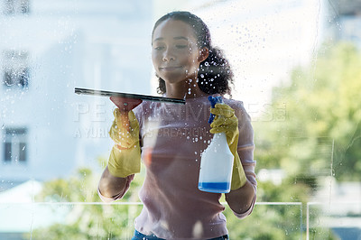 Buy stock photo Woman cleaner, cleaning window and spray bottle with detergent, liquid soap and squeegee with housekeeping. Female housekeeper, hygiene and clean bacteria from glass with chemical and disinfection 