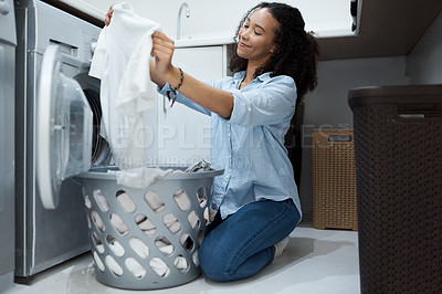 Buy stock photo Woman check laundry, washing machine and clothes with basket, housekeeping with fresh linen and hygiene. Housekeeper, female person smile with housework, cleaning and electric cleaner appliance