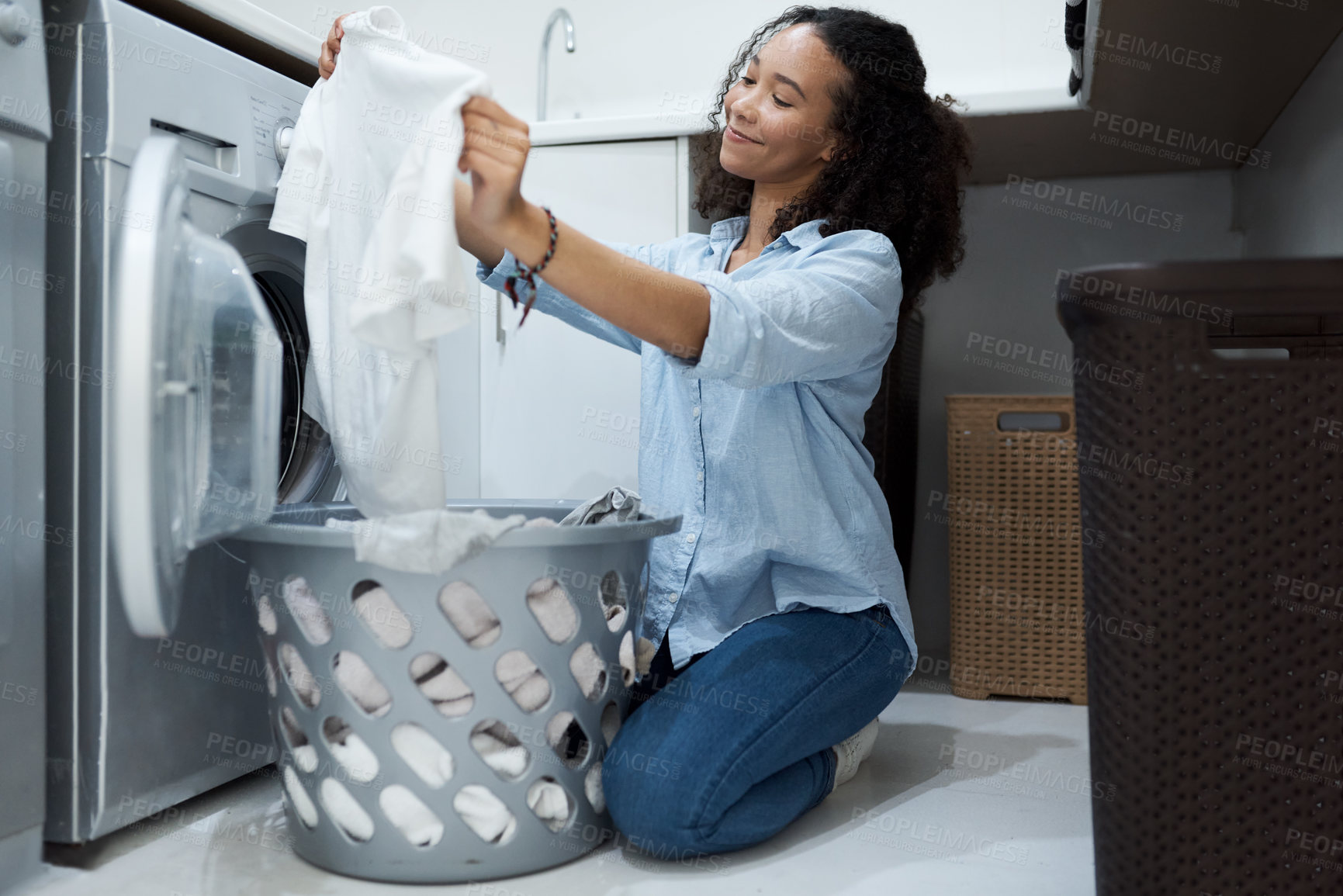 Buy stock photo Woman check laundry, washing machine and clothes with basket, housekeeping with fresh linen and hygiene. Housekeeper, female person smile with housework, cleaning and electric cleaner appliance