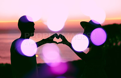 Buy stock photo Sunset sky, bokeh and silhouette of couple with heart hand, emoji and light on romantic outdoor date. Love sign, man and woman with care, affection and relationship support on evening travel holiday.