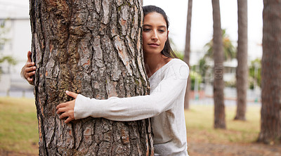 Buy stock photo Nature, environment or woman hug trees for save the planet, deforestation support or community outreach project. Earth day sustainability, eco friendly NGO charity or volunteer protect natural growth