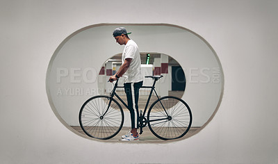 Buy stock photo Home, mirror and refection of man in bicycle for ride or commute and travel for healthy lifestyle. Transport, house and trip or journey for adventure, travel and fitness with workout and hobby