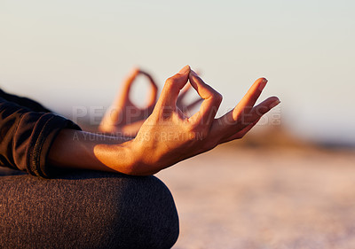 Buy stock photo Hands closeup, yoga and beach with woman, lotus and peace of mind in summer sunshine on sand. Girl, zen meditation and mindfulness for health, wellness or exercise by ocean, outdoor or chakra balance