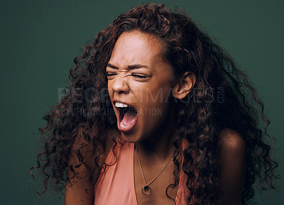 Buy stock photo Stress, anxiety and angry woman scream in studio for fear, mistake or psychology crisis on green background. Depression, trauma and anger by female frustrated with mental health problem, fail or ptsd