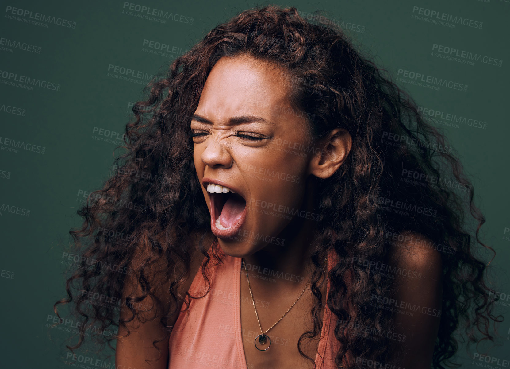 Buy stock photo Stress, anxiety and angry woman scream in studio for fear, mistake or psychology crisis on green background. Depression, trauma and anger by female frustrated with mental health problem, fail or ptsd