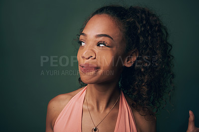 Buy stock photo Woman, face and crush on glass or funny in studio with comic expression, humor or press on transparent window. Model, person or squash of lips, nose or uncomfortable with accident on green background