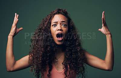 Buy stock photo Wow, wtf and portrait of woman mind blown in studio by news, gossip or drama on green background. Omg, face and female model shocked, surprise and confused with open mouth emoji, hands or expression