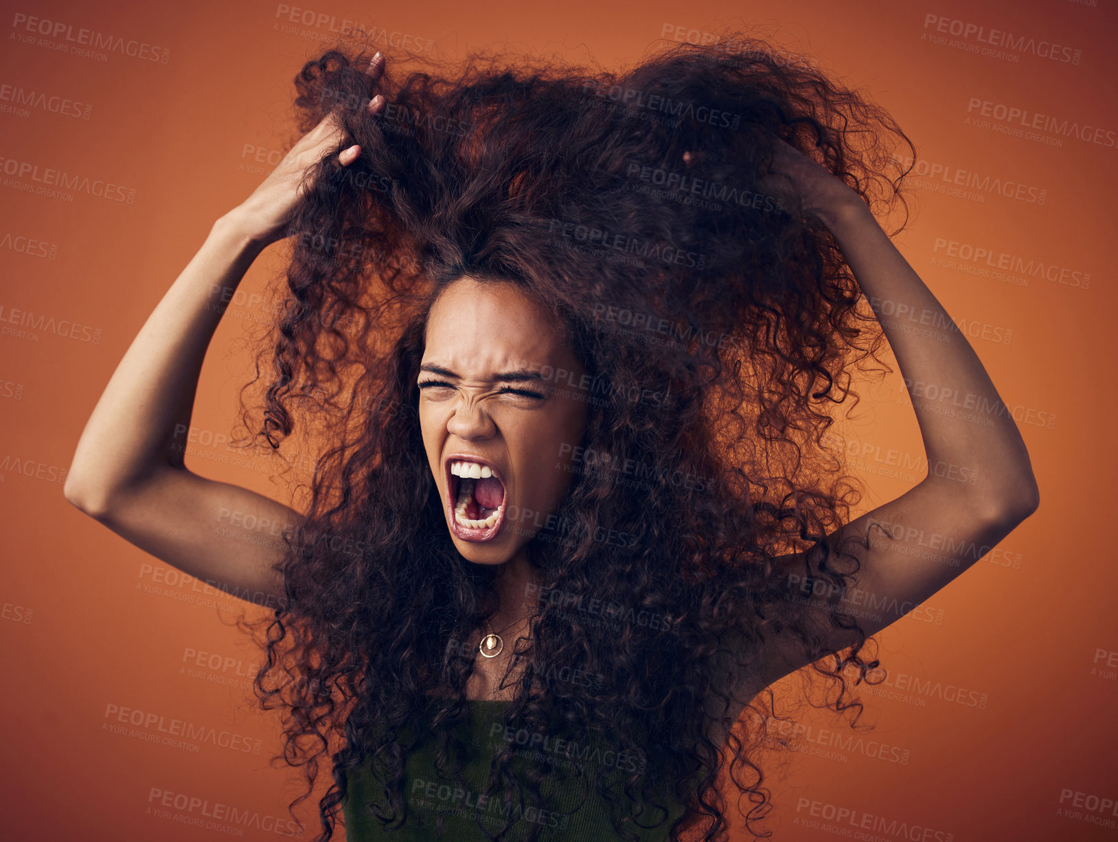 Buy stock photo Woman, hair and scream or frustrated in studio on brown background for damage, treatment and bad result. Female person, isolated and upset or disappointed at style with stress, unhappy and angry