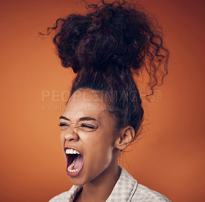 Buy stock photo Stress, shouting or woman wake up angry in studio for insomnia, burnout or mental health crisis on orange background. Anxiety, fear or model frustrated by fatigue, overwhelmed or sleepless disaster