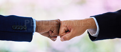 Buy stock photo Hands, fist bump and business people in office with partnership, respect and agreement for teamwork. Employee, connection and synergy with collaboration, support and solidarity in corporate workplace