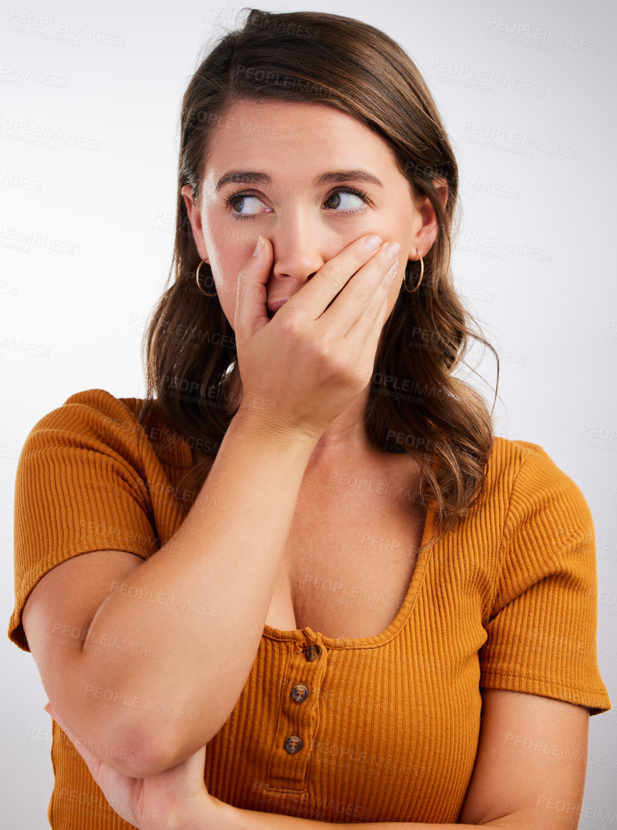 Buy stock photo Hand on mouth, wow and woman in studio with surprise, fake news or drama, conflict or gossip on white background. Omg, no way and model with emoji awe for taboo secret, oops or embarrassed by mistake