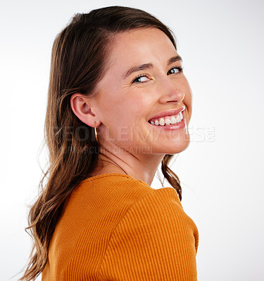 Buy stock photo Beauty, portrait and happy woman in studio for makeup, glow and dermatology treatment results on white background. Smile, face or girl model with cosmetic, wellness and glowing, skincare or self care